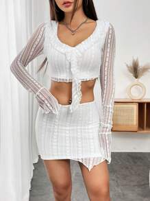 INAWLY Women'S Ruffled Lace Crop Top And Skirt Two-Piece Set Fall Cloth For Women - White - View 4
