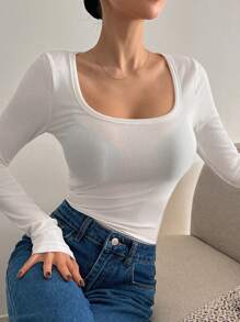 DAZY 纯色修身长袖T恤，秋季服装 - 白色 - 查看 3
