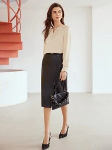 MOTF PREMIUM Dệt Của phụ nữ Cổ lỗ khóa Áo sơ mi - Màu be - Xem 8