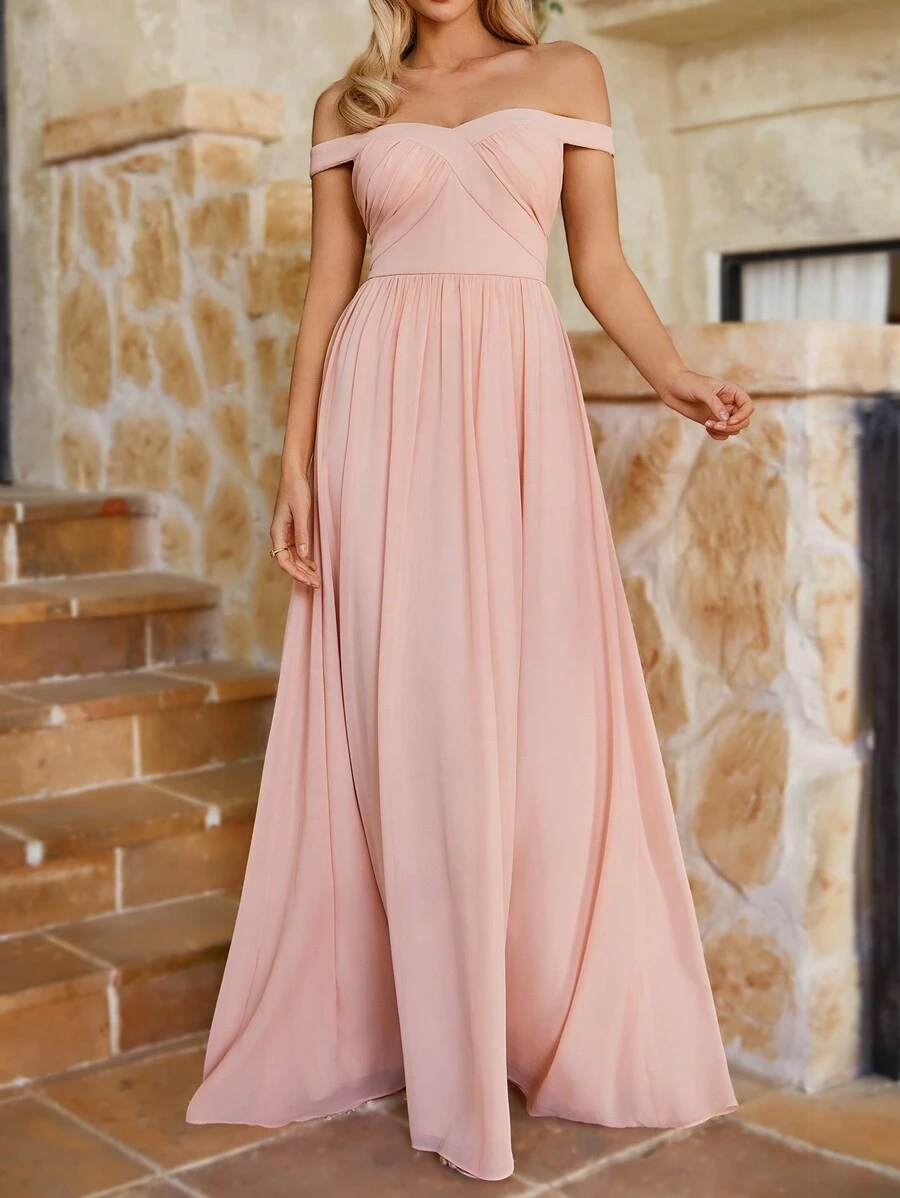 SHEIN Belle Off Shoulder Xếp li Váy phù dâu Với Ô dù Hem - Màu Hồng baby - Xem 1