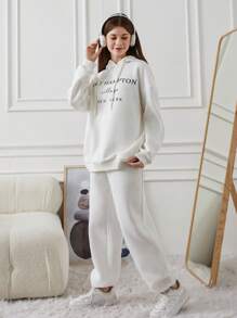 RueChic Teen Girl Slogan Printed Drawstring Hoodie And Sweatpants Two-Piece Set