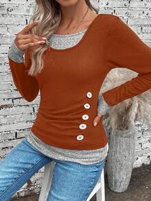 EMERY ROSE Buttoned Decor Two-In-One Long Sleeve T-Shirt - Orange - View 5