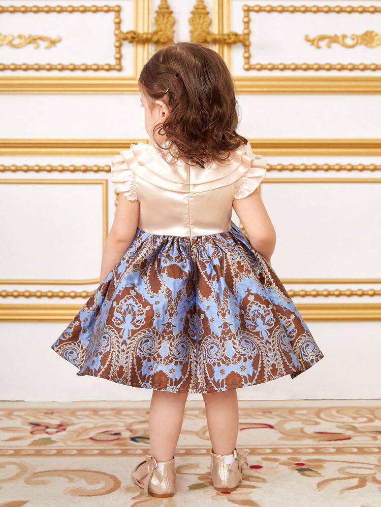 Baby Girl Gorgeous Satin Ruffle Trim Floral Pattern Short Sleeve Dress