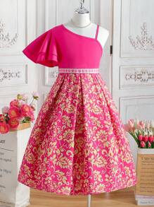 Tween Girls' Asymmetrical Collar Dress With Floral Print, Pleated Hem And Zigzag Design - Hot Pink - View 1