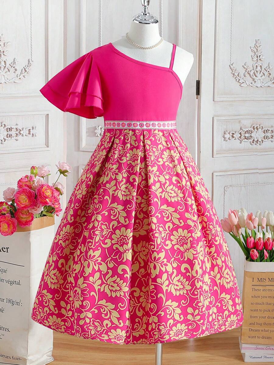 Tween Girls' Asymmetrical Collar Dress With Floral Print, Pleated Hem And Zigzag Design - Hot Pink - View 1