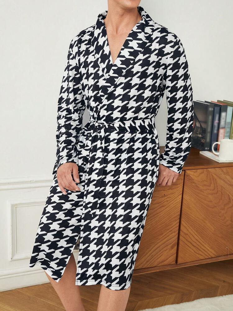 Men'S Houndstooth Printed Bathrobe For Home Wear