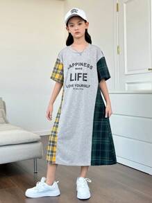 SHEIN Tween Girls' Knitted Color Block Plaid Patchwork Letter Print Loose Fit Casual Dress With Round Neckline
