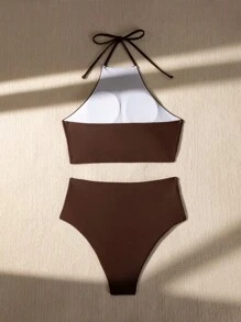 SHEIN Swim Bộ bikini hai dây cổ màu trơn dành cho nữ đi biển mùa hè Tiệc cưới - Cà phê nâu - Xem 5