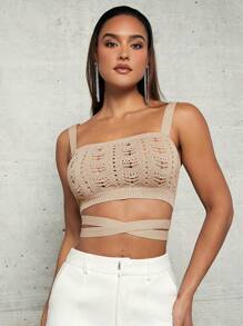 SHEIN BAE Cover Ups Apricot Crochet Texture Hollow Cross Strap Large Backless Tight Elastic Perspective Spring And Summer Holiday Festival Clothes Top