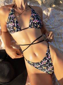 SHEIN Swim Women's Floral Printed Halter Neck Tie Bikini Set Music Festival Summer Beach