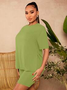 SHEIN SXY Của phụ nữ Chất rắn Đồ đan Ribbed Bộ - màu xanh lá - Xem 3