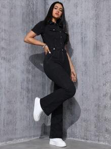 SHEIN EZwear Women's Denim Jumpsuit With Button Fly And Flared Legs - Black - View 4