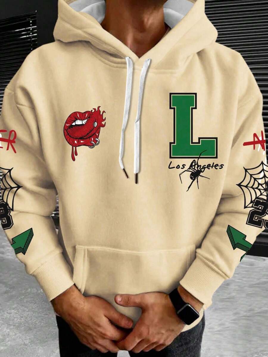 Manfinity LEGND Men's Plus Size Letter & Spider Printed Drawstring Hoodie