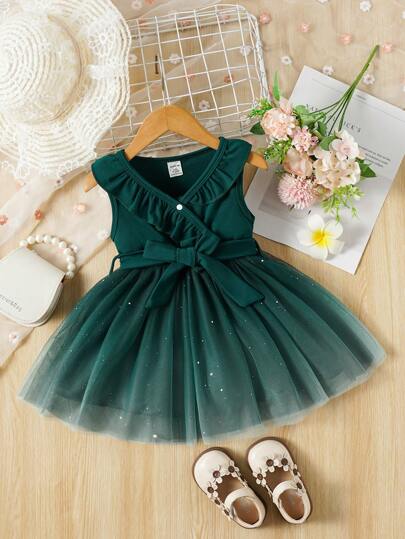 Baby Girl Glamorous Sparkly Military Green Party Dress With Belt, Suitable For Party, Celebration, Outdoor Activity And Photo Shoot, Princess Dress