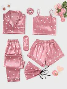 7pcs/Set Imitation Silk Heart Pattern Printed Homewear Pajama Set, Fall Clothes - Dusty Pink - View 1