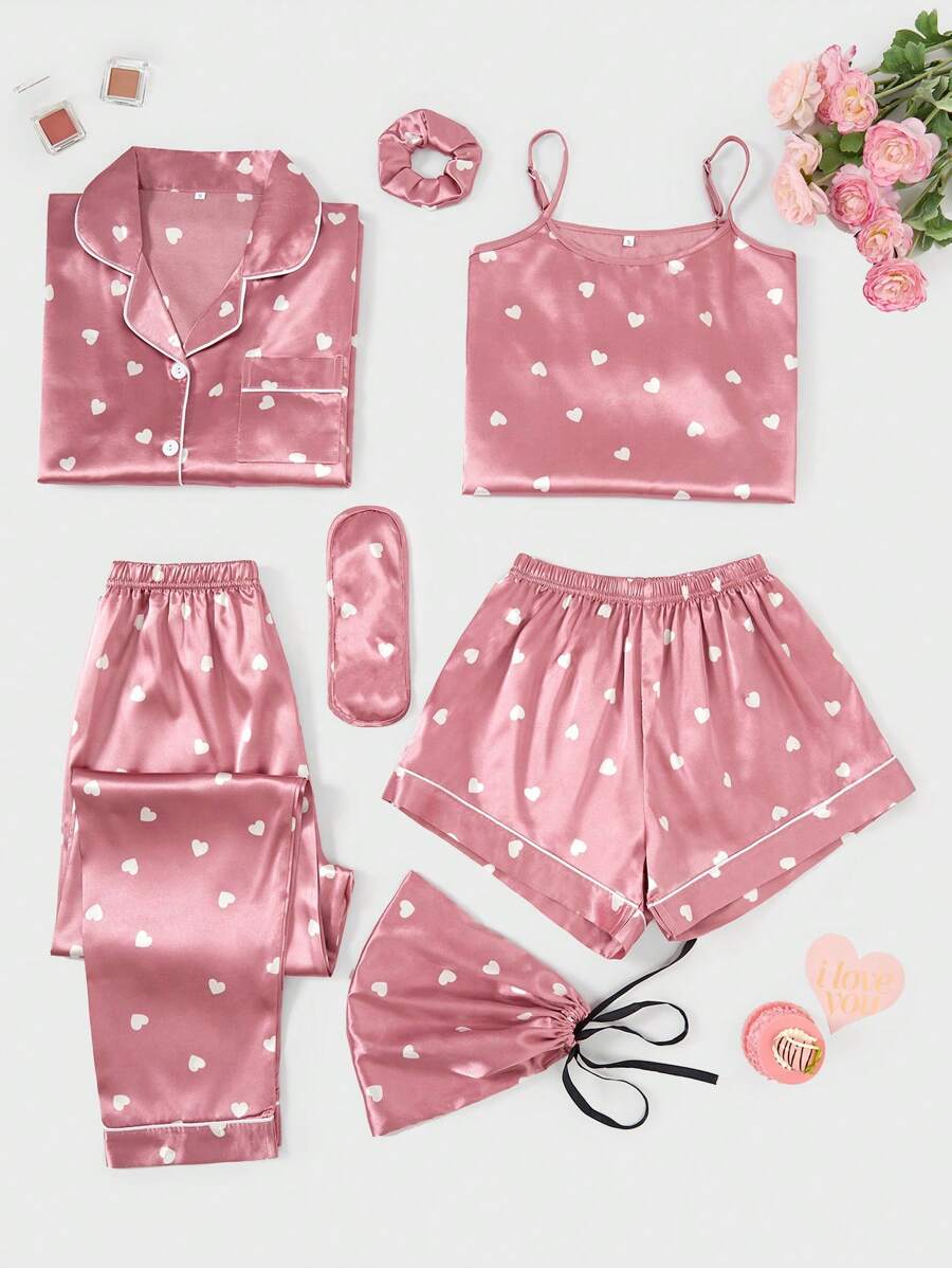 7pcs/Set Imitation Silk Heart Pattern Printed Homewear Pajama Set, Fall Clothes - Dusty Pink - View 1