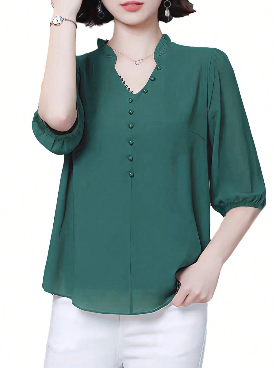 SHEIN LUNE Plus Size Women'S Half Sleeve Shirt With Notched Collar - Green - View 1