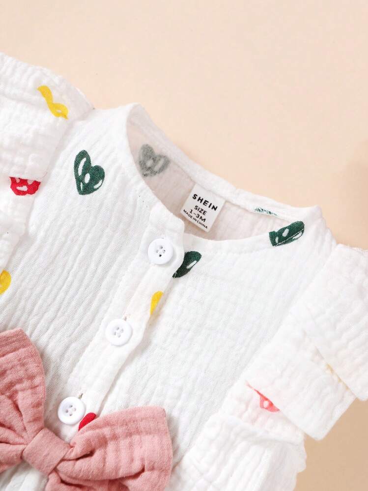 SHEIN 嬰兒女孩休閒紅心連體褲,褶邊設計 - 白色 - 查看 3