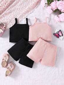 嬰兒女寶寶純色肋紋背心加短褲套裝