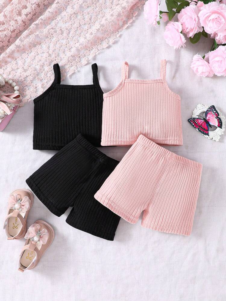 Baby Girl Solid Color Ribbed Tank Top And Shorts Set