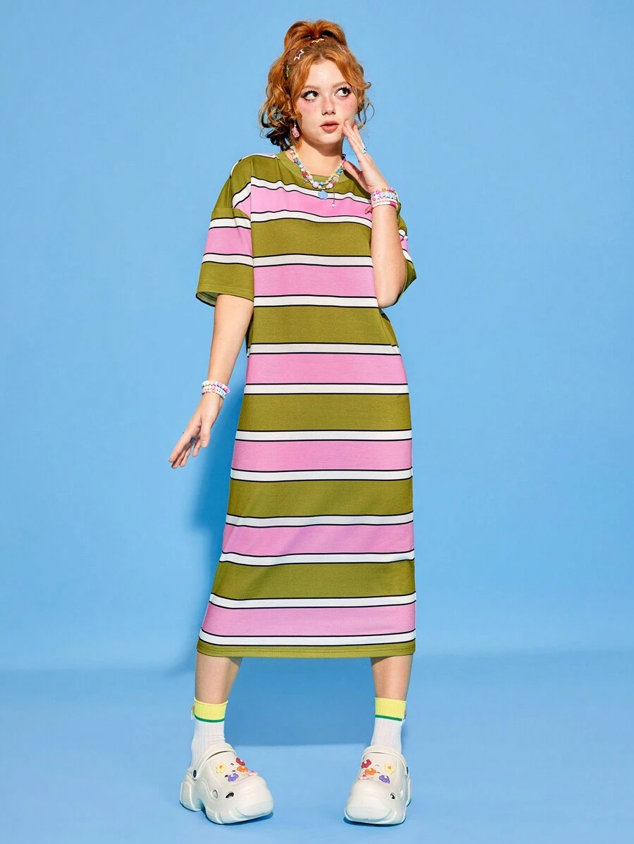 SHEINNeu Women's Round Neck Pink & Green Contrast Color Easter Striped Summer T-Shirt Dress - Pink - View 1