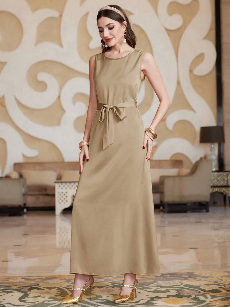 Women's Sleeveless Belted Dress + Batwing Sleeve Asymmetric Hem Coat Kaftan 2pcs/Set, Elegant Luxury Evening Party Style 2 Piece Set