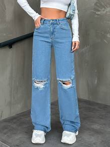 Women'S Distressed Straight Leg Jeans - Medium Wash - View 6