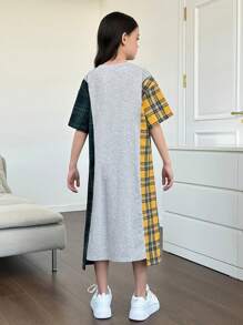 SHEIN Tween Girls' Knitted Color Block Plaid Patchwork Letter Print Loose Fit Casual Dress With Round Neckline