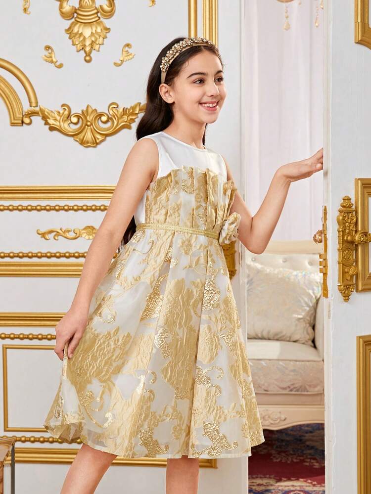 Tween Girls' Casual Round Neck Sleeveless 3d Floral Print Dress