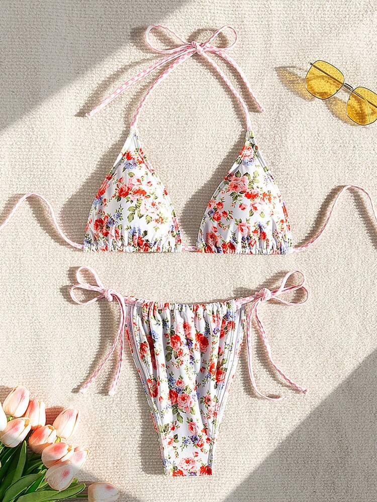 Summer Women'S Random Floral Printed Knotted Side Bikini Swimwear Set