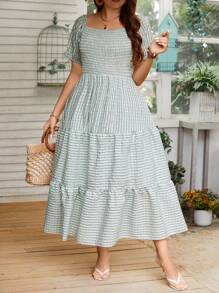 SHEIN VCAY 格紋荷葉邊大尺碼女裝彈性腰連衣裙 - 薄荷綠 - 查看 3