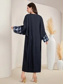 Al Najma Women's Geometric Printed V-Neck Kaftan With Patchwork Design - Navy Blue - View 2