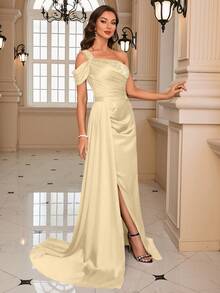 One Shoulder Floor-Length Satin Formal Dress - Apricot - View 7