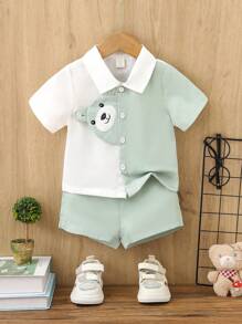 SHEIN 2pcs/Set Summer Casual Cute 3d Bear Printed Shirt And Shorts Outfits For Baby Boys