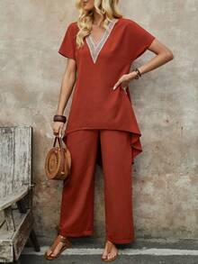 EMERY ROSE Của phụ nữ trái cam Ren Nối Mặt trước Ngắn Trở lại Dài Hem Áo Và Thẳng Quần Bộ Cho mùa xuân - Đỏ - Xem 5