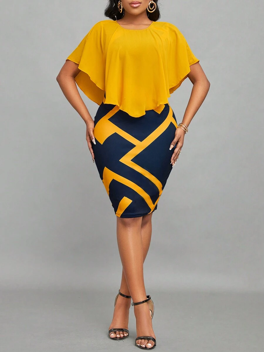 SHEIN Lady Women's Geometric Print Patchwork Ruffle Hem Bodycon Elegant Office Dress, Spring & Summer - Multicolor - View 1