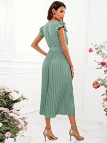 SHEIN Clasi Women'S Solid Color Short Flutter Sleeve Jumpsuit With Pleated Hem - Green - View 2
