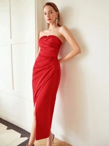 MOTF PREMIUM WOVEN WOMEN'S WRAP PLEATED STRAPLESS DRESS - Burgundy - View 4