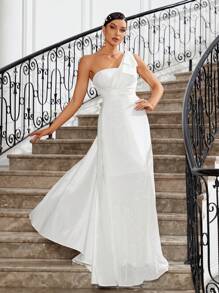 SHEIN Belle 蝴蝶細節單肩婚紗,配飾珠片拼接和大型褶邊 - 白色 - 查看 3