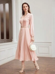 MOTF PREMIUM WOMEN'S WEAVE SOLID COLOR SPLICED PLEATED DRESS,SUMMER OUTFITS - Pink - View 5