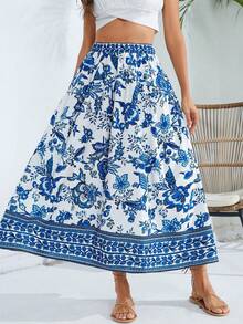 SHEIN VCAY 女士彈性腰花卉印花裙 - 藍色 - 查看 3