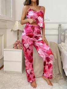 Heart Printed Satin Cami & Pants Pajama Set - Hot Pink - View 3