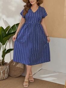 EMERY ROSE 大尺碼女性花卉印花蝙蝠袖洋裝 - 藍色 - 查看 1