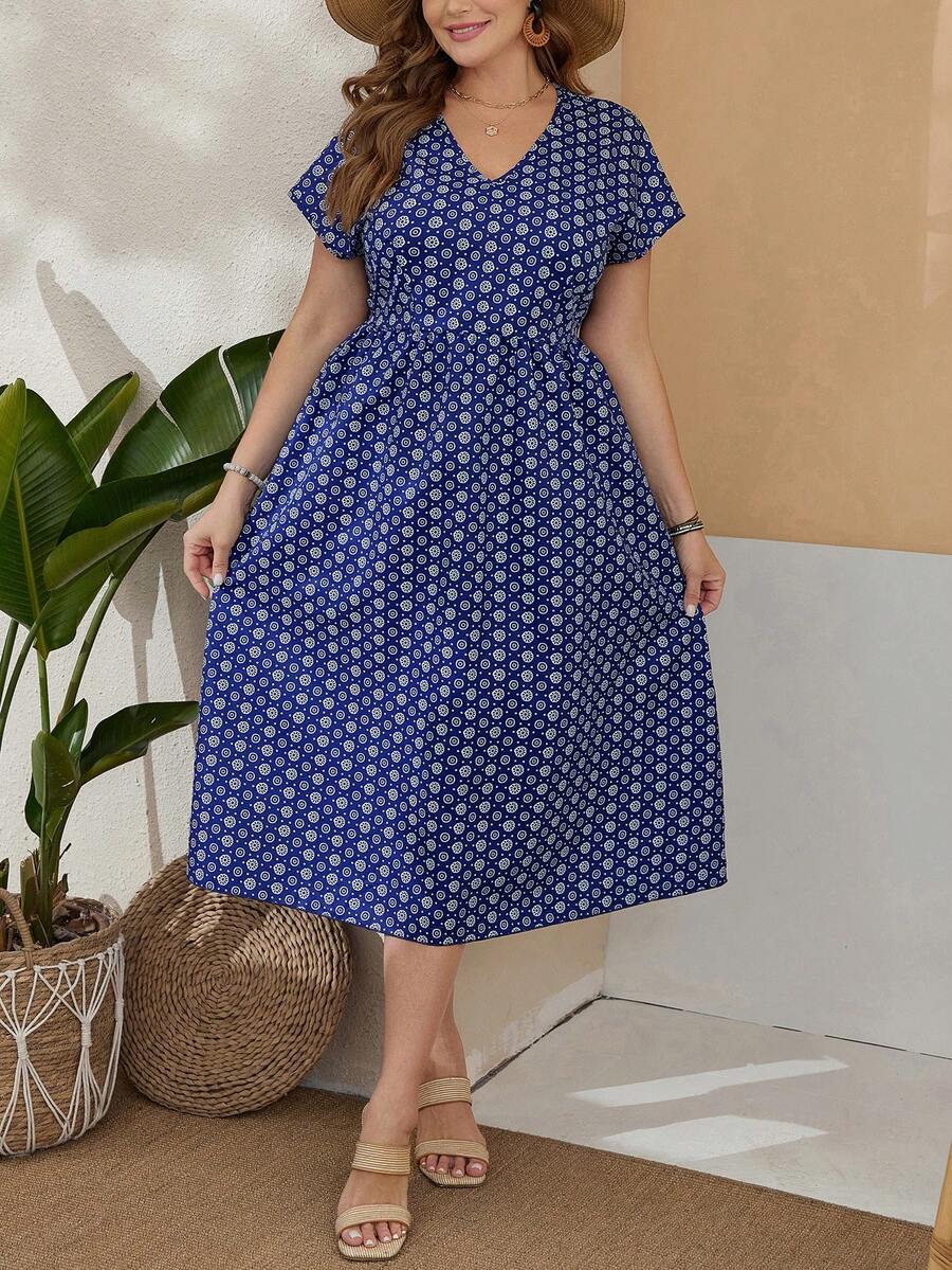 EMERY ROSE 大尺碼女性花卉印花蝙蝠袖洋裝 - 藍色 - 查看 1