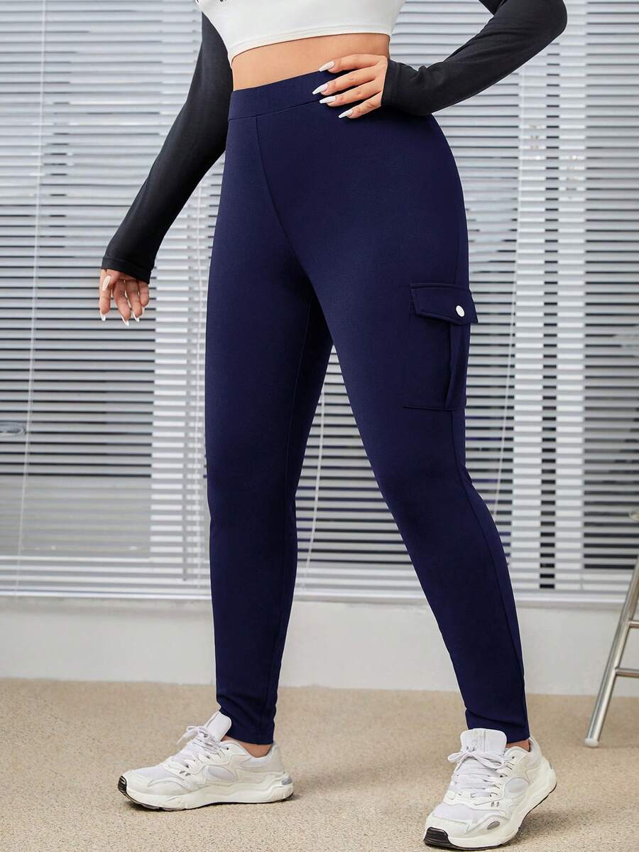 SHEIN EZwear Kích thước lớn Của phụ nữ Dệt kim Giải trí Dài Xà cạp - Màu xanh hải quân - Xem 1