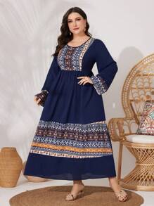 Al Najma Women's Plus Size Patchwork Printed Round Neckline Fit & Flare Dress Kaftan Jalabiya Dress - Navy Blue - View 1