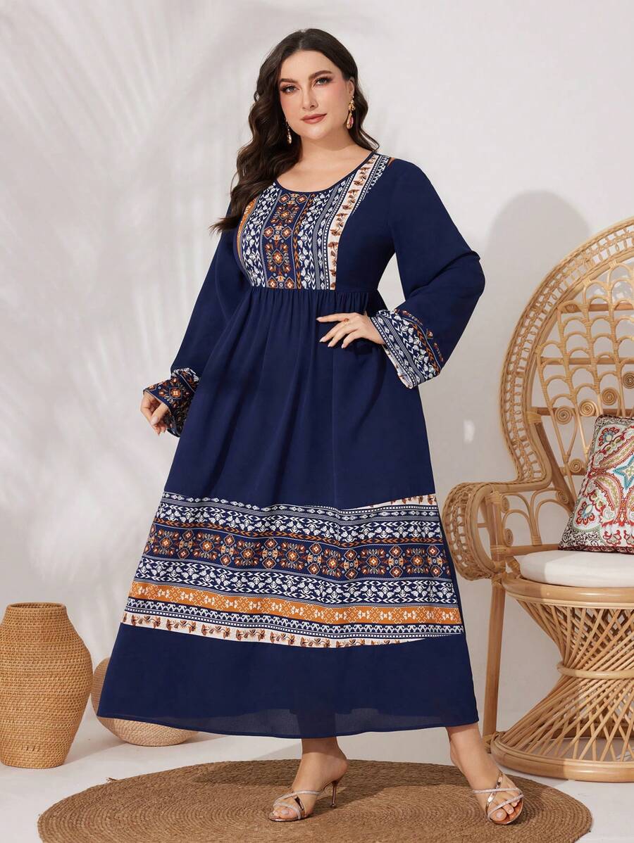 Al Najma Women's Plus Size Patchwork Printed Round Neckline Fit & Flare Dress Kaftan Jalabiya Dress - Navy Blue - View 1