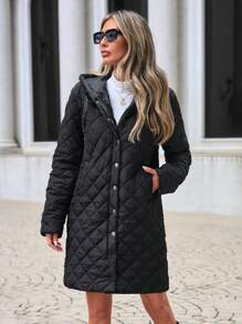 RueChic Slant Pocket Hooded Quilted Coat - Black - View 1