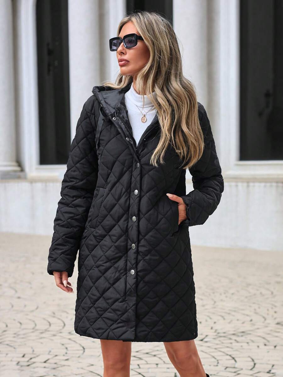 RueChic Slant Pocket Hooded Quilted Coat - Black - View 1
