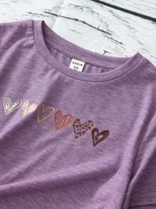 SHEIN T-shirt Décontracté À Manches Courtes Et Coupe Ample À Imprimé Cœur Pour Adolescentes Avec Encolure Ronde